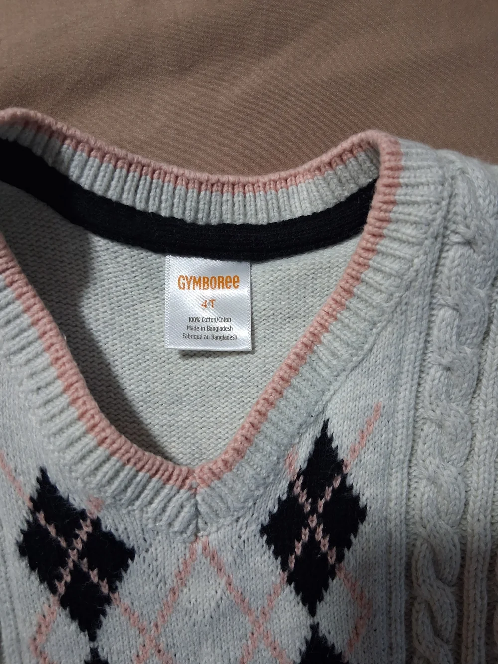 Gymboree Light Gray Argyle Cable Knit V-Neck Sweater Vest Pink Plaid Shirt 4T